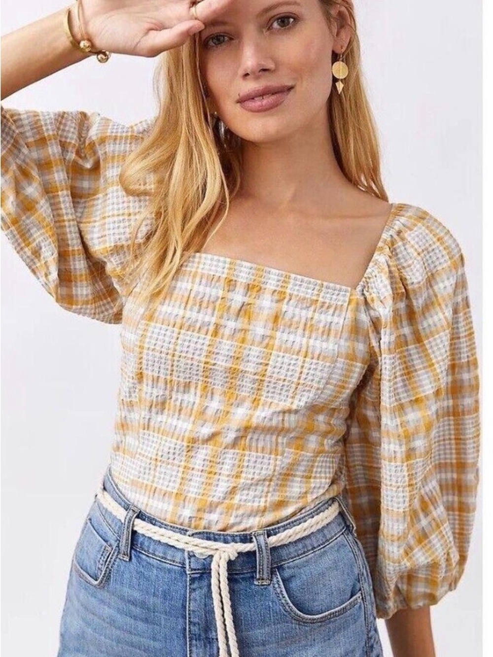 Anthropologie Maeve Plaid Square-Neck Blouse Sz M puff sleeves Casual Travel